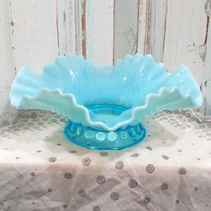 Vintage Blue Opalescent Draped Ruffled Edge Bowl